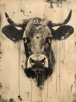 A monochrome painting depicting a cows head with majestic long horns. The intricate details showcase the hair, eye, jaw, and bone structure of this terrestrial working animal known as a bull