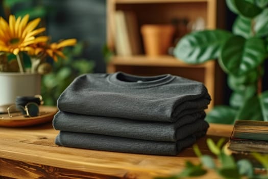 Stacked black T-shirts are on the table in the store. lifestyle concept.
