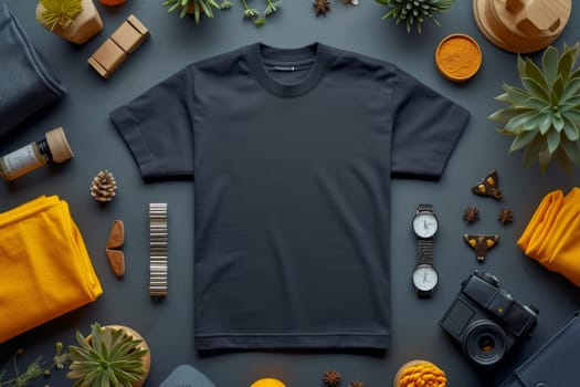 A mock-up of an empty black T-shirt with accessories on the table. lifestyle concept.