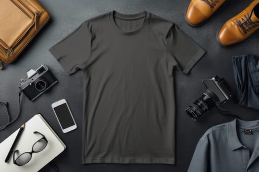 A mock-up of an empty black T-shirt with accessories on the table. lifestyle concept.