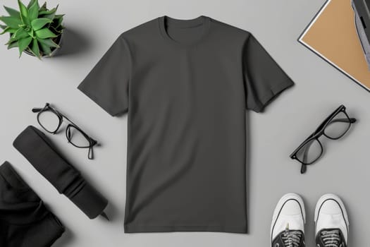 A mock-up of an empty black T-shirt with accessories on the table. lifestyle concept.