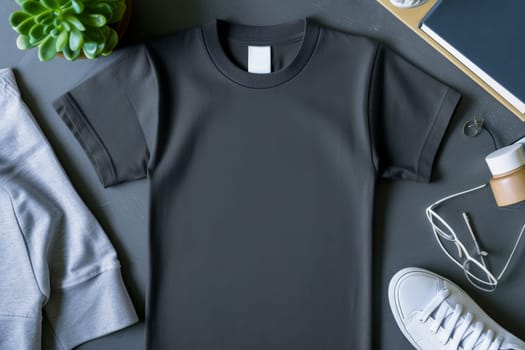 A mock-up of an empty black T-shirt with accessories on the table. lifestyle concept.