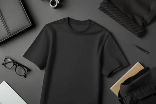 A mock-up of an empty black T-shirt with accessories on the table. lifestyle concept.