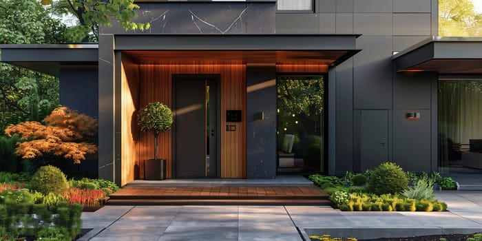 Massive wooden entrance door to modern white house with paving footpath in the city. New, modern architecture, exterior design. High quality photo