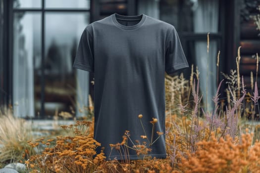 A mock-up of an empty black T-shirt is hanging in the air outside. lifestyle concept.