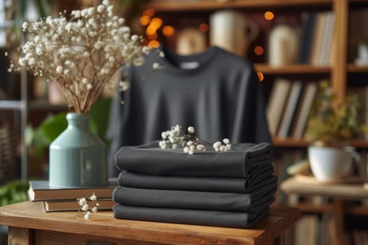 Stacked black T-shirts are on the table in the store. lifestyle concept.