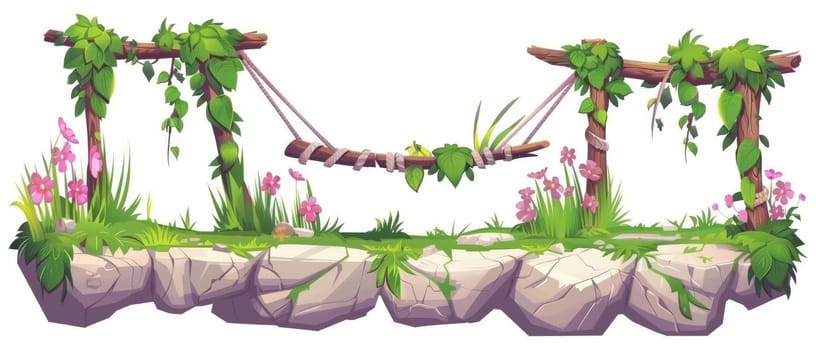 Game UI design assets of a wooden suspension bridge with rope, stones, and green grass. Fantasy tree with green crown and liana vines for a game. Cartoon assets of a wooden suspended bridge with