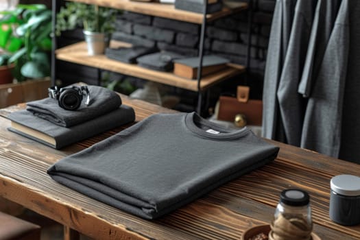 Stacked black T-shirts are on the table in the store. lifestyle concept.