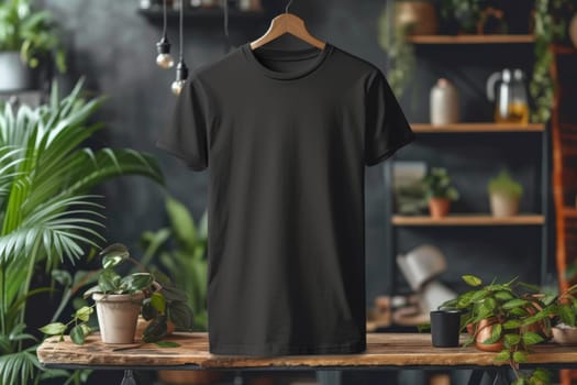 A mock-up of an empty black T-shirt is hanging on a hanger indoors. lifestyle concept.