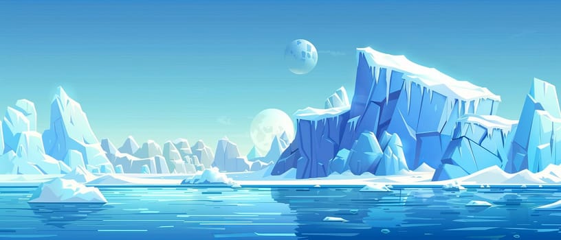 Arctic landscape with iceberg in the ocean or sea. Cartoon illustration of polar scenery with glacier snow mountains and ice blocks floating in water. Illustration of cold northern horizon with