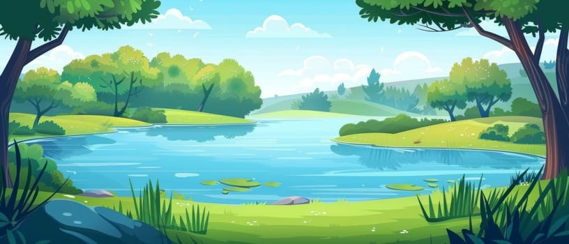 Cartoon modern summer forest landscape with lake. Small pond, bushes, trees and moss on the shore. Spring panorama nature scene of woodlands and reservoirs.