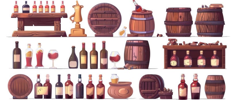 Interior elements of a wine cellar isolated on white background. Modern illustration of old wooden barrels, bottles of alcohol on shelves, crates, a cup of red drink, a clay jar, and a lamp.
