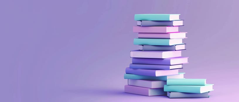 Textbook illustration with close-up of a stack of books on pastel purple background. Realistic 3D modern illustration of a stack of books for reading and education concept. Textbook publication.