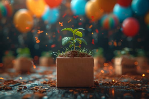 A young green plant in an eco-pot on the background of festive balloons , a germinating seed in a pot made of kraft paper.