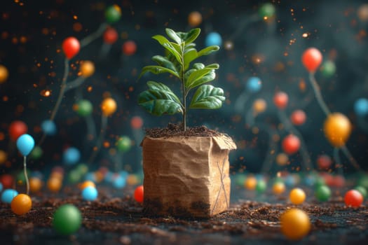 A young green plant in an eco-pot on the background of festive balloons , a germinating seed in a pot made of kraft paper.