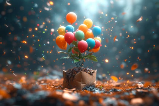 A young green plant in an eco-pot on the background of festive balloons , a germinating seed in a pot made of kraft paper.