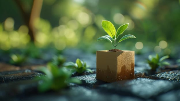 A young green plant in an eco-pot on the floor, a germinating seed in a craft paper pot.