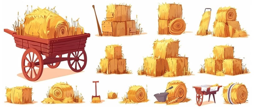 There is a picture of a hay stack in the form of a cube block, roll, and on the back of a red wheelbarrow in a cartoon modern illustration set. Farm animals are feeding on yellow straw bales