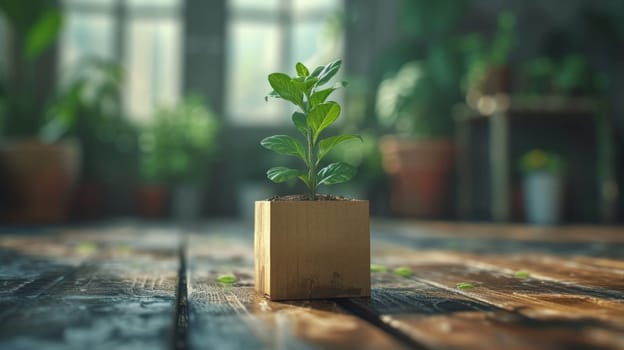 A young green plant in an eco-pot on the floor, a germinating seed in a craft paper pot.