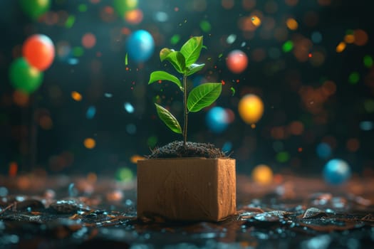 A young green plant in an eco-pot on the background of festive balloons , a germinating seed in a pot made of kraft paper.