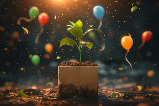 A young green plant in an eco-pot on the background of festive balloons , a germinating seed in a pot made of kraft paper.