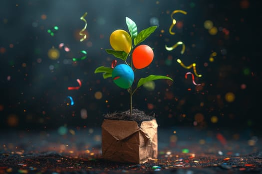 A young green plant in an eco-pot on the background of festive balloons , a germinating seed in a pot made of kraft paper.