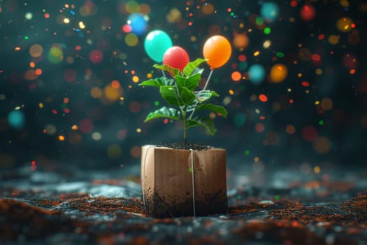 A young green plant in an eco-pot on the background of festive balloons , a germinating seed in a pot made of kraft paper.