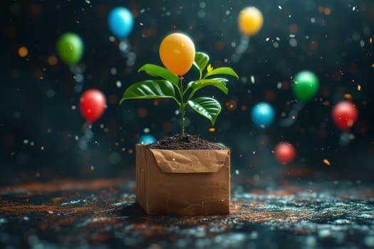 A young green plant in an eco-pot on the background of festive balloons , a germinating seed in a pot made of kraft paper.