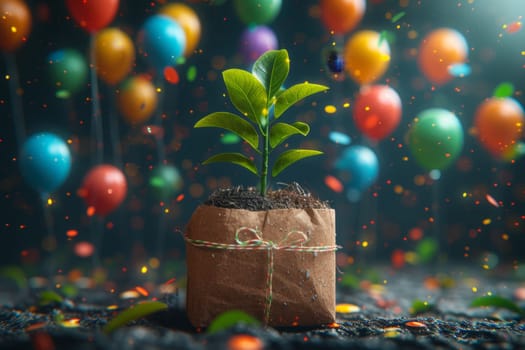 A young green plant in an eco-pot on the background of festive balloons , a germinating seed in a pot made of kraft paper.