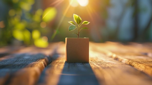 A young green plant in an eco-pot on the table, a germinating seed in a glass at sunset.