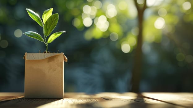 A young green plant in an eco-pot on the table, a germinating seed in a glass at sunset.