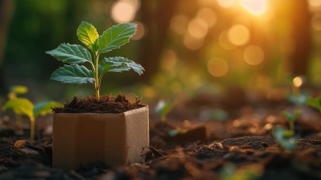 A young green plant in an eco-pot on the ground, a germinating seed in a glass at sunset.