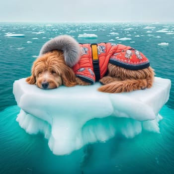 Dog Animal character in yellow golden puffer jacket lies on a block of ice alone in the middle of the ocean sea. Environmental issue, climate change agenda, AI generated