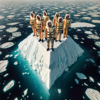 aerial view of group people wearing yellow winter garment standing on a large block of ice in the middle of the ocean. AI generated