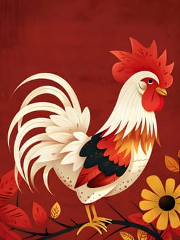 A Rooster, a member of the Phasianidae family of birds, is perched on a branch adorned with flowers and leaves, showcasing its vibrant Comb, Beak, Feathers, and Galliformes characteristics