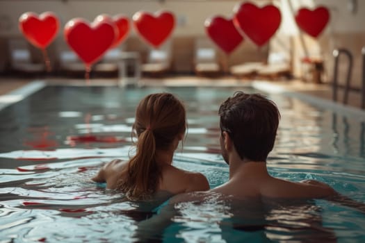 A couple in love is relaxing in a pool against a background of red balls in the form of hearts. Valentine's day.