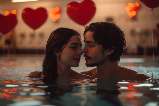 A couple in love is relaxing in a pool against a background of red balls in the form of hearts. Valentine's day.