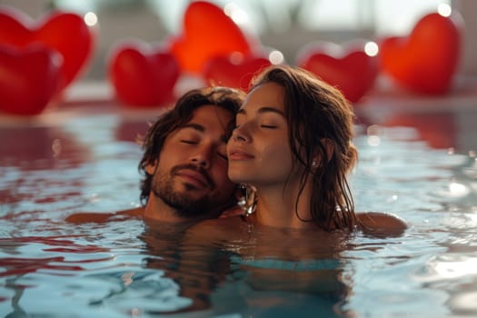 A couple in love is relaxing in a pool against a background of red balls in the form of hearts. Valentine's day.