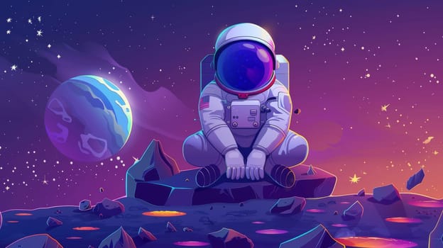 The astronaut is exploring an alien planet in a far galaxy wearing a suit and helmet. A modern cartoon illustration shows the astronaut, the cosmos, and the planet's surface with rocks, cracks, and
