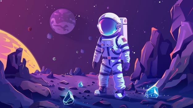 Modern cartoon illustration of astronaut exploring alien planet in far galaxy. Spaceman in suit and helmet on surface of planet with rocks, cracks, and glowing spots.