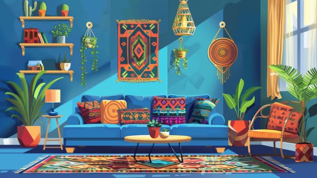 The boho-style living room has a blue wall, a sofa, a coffee table, and plants. Modern cartoon illustration of a bohemian lounge with a carpet and a brightly decorated armchair.