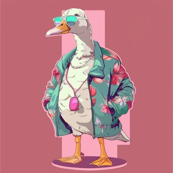 Anthropomorphic cool goose.Kawaii aesthetic, cottage-punk style, eccentric and candid, funny. High quality illustration