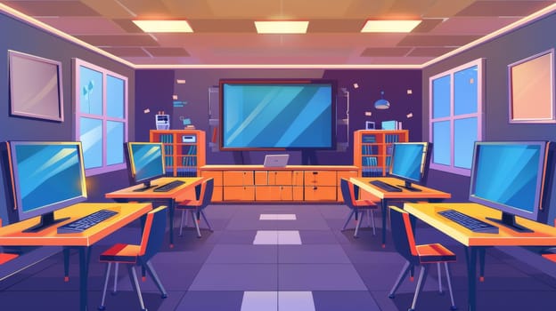 Computer class interior with open space. Vacant school, workplace, study area with furniture, pc on desks, TV screen, windows cartoon illustration. Cabinet with furniture, pc on desks, tv screen,