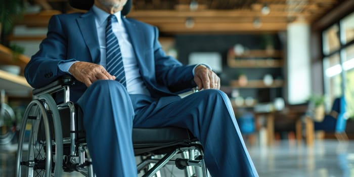 Close-up Of Businessman Sitting On Wheelchair In Office. ai generated