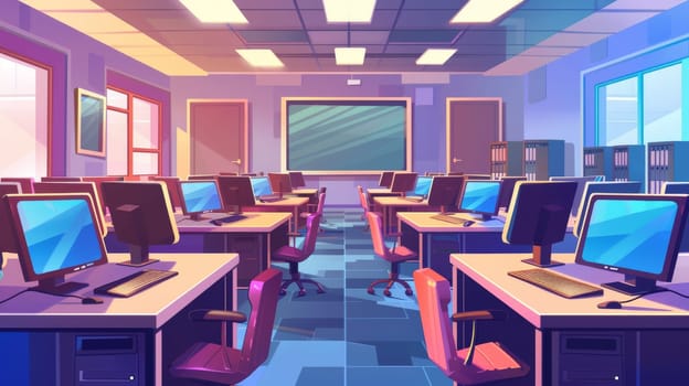 Open space office interior with computer class, empty school, modern office with computer desks, TV and windows cartoon. Cabinet with furniture, computer on desks, tv, windows cartoon modern