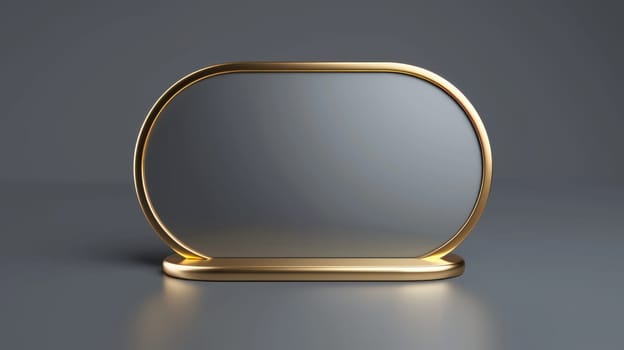 A modern realistic mock up of a golden and metal stand for identification tags for events, framed by steel and gold frames.