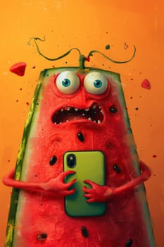A surprised cartoon watermelon holds a smartphone in his hand, looks at the phone in surprise. Illustration.