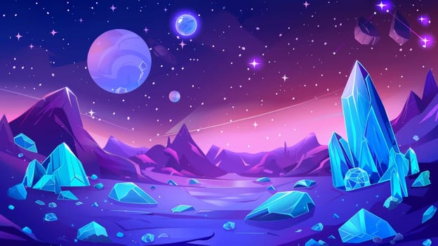 A lush alien planet landscape for a space game background. A modern cartoon fantasy illustration of the night sky with satellites and stars and rocks.