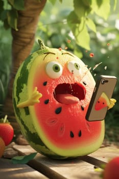 A surprised cartoon watermelon holds a smartphone in his hand, looks at the phone in surprise. 3d illustration.