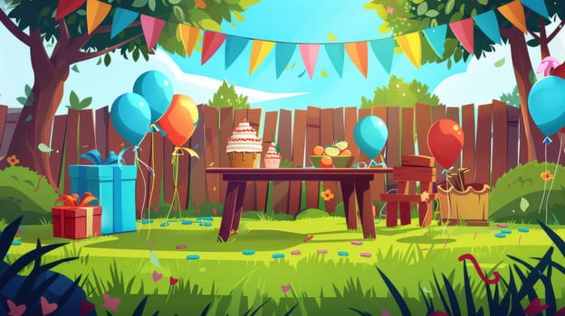 A birthday party decoration in the yard with banners, balloons, balloons, a table and chairs for celebrating kids' birthdays outside. Modern cartoon illustration of a garden with a holiday cupcake